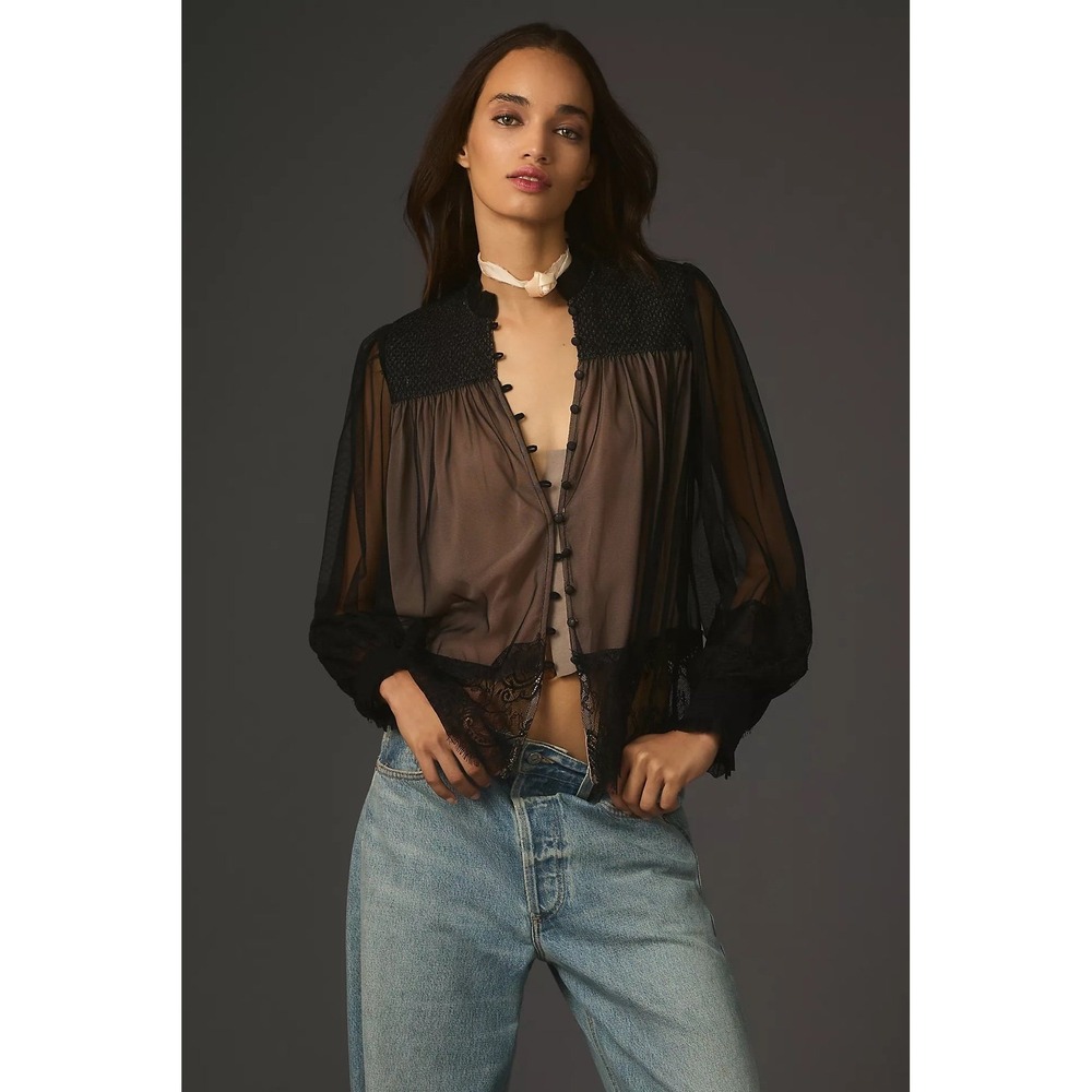 By Anthropologie Layered Tulle Puff Sleeve Lace Blouse Taupe Black Size M NWOT